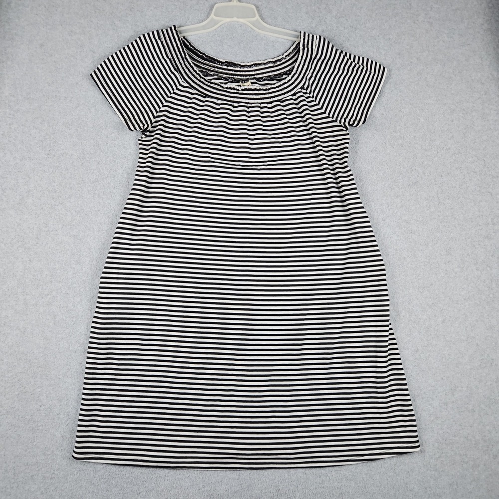 Faded Glory Shift Dress Womens Large Black White Striped Pleated Short Sleeve